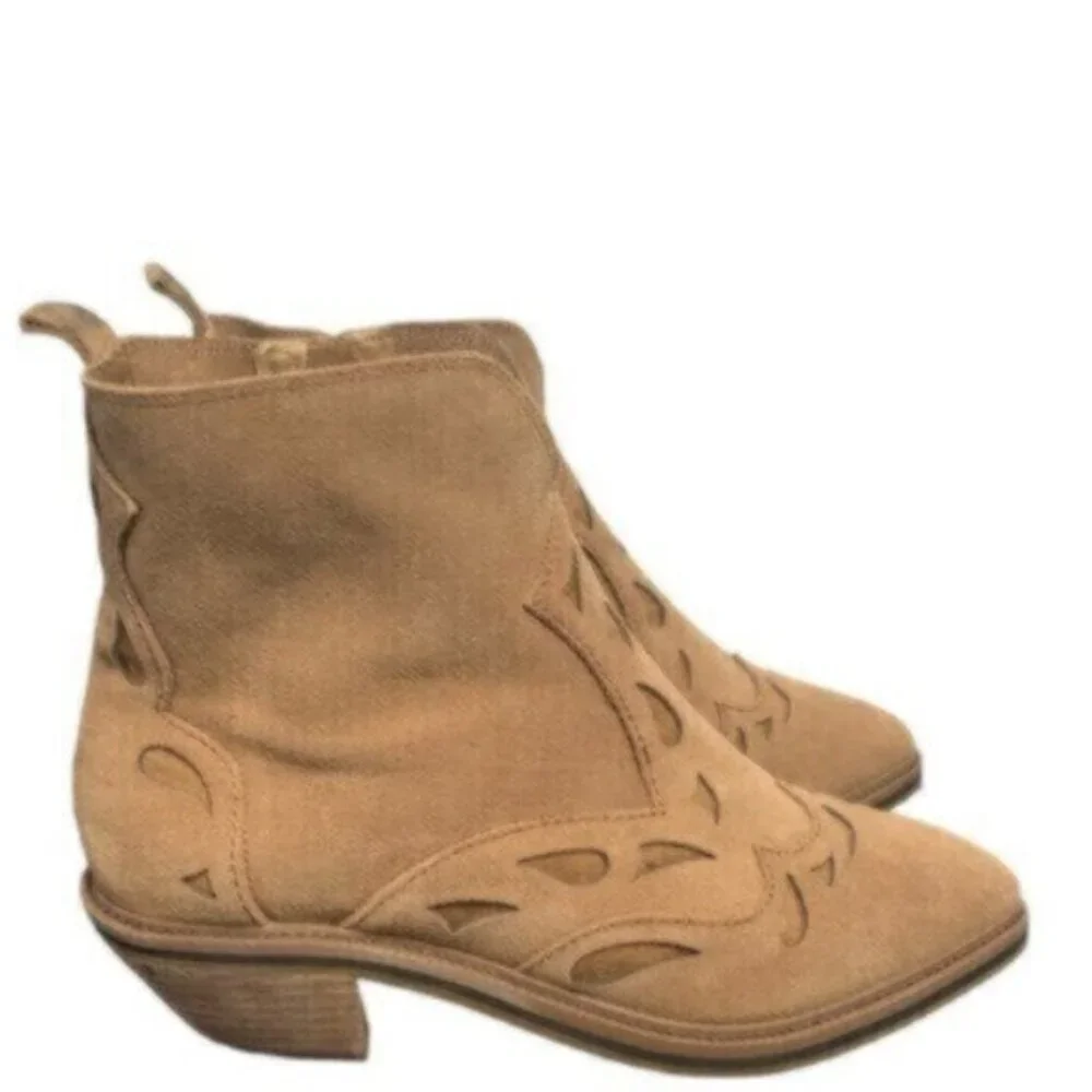 Kelsi Dagger Cliff Mocha Brown Suede Pointed Toe Block Heel Western Ankle Boots